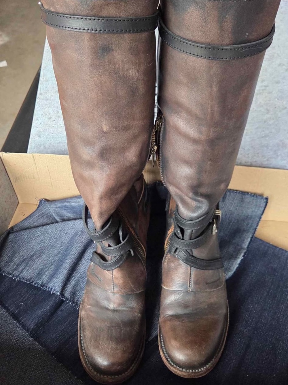 Distressed Brown Leather Knee-High Riding Boots with Buckle Detail - Picture 7 of 10